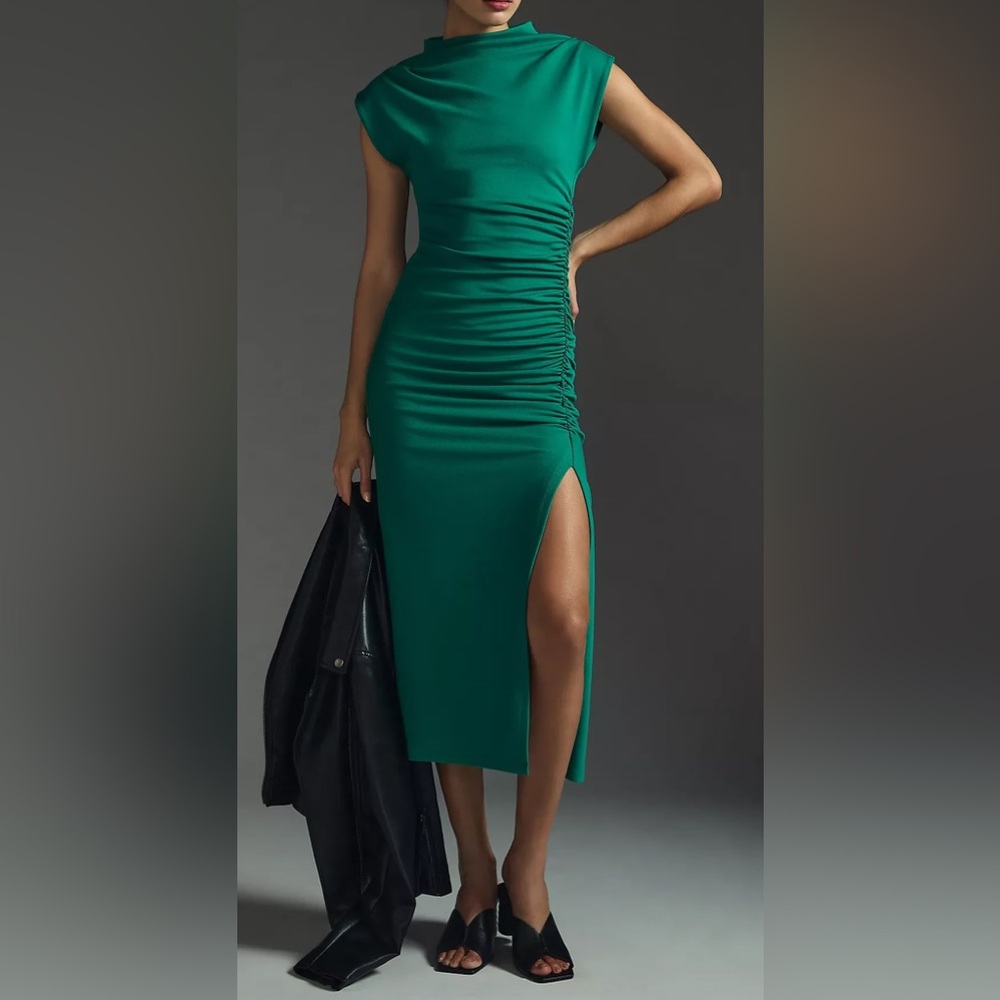 Anthropologie The Maya Ruched Cowl-Neck Midi Dress Size Sm Green Sleeveless New